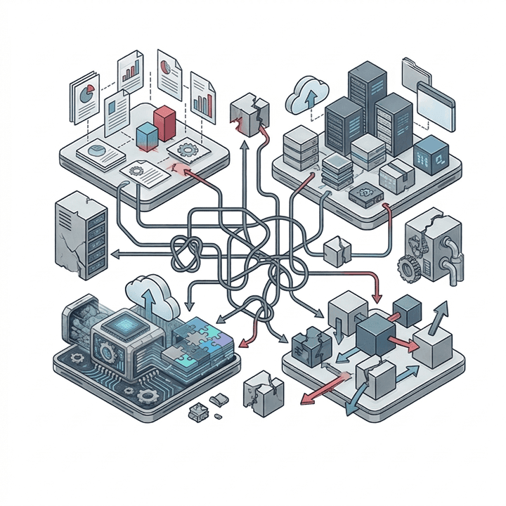 Connected enterprise systems and information shown around a complex network