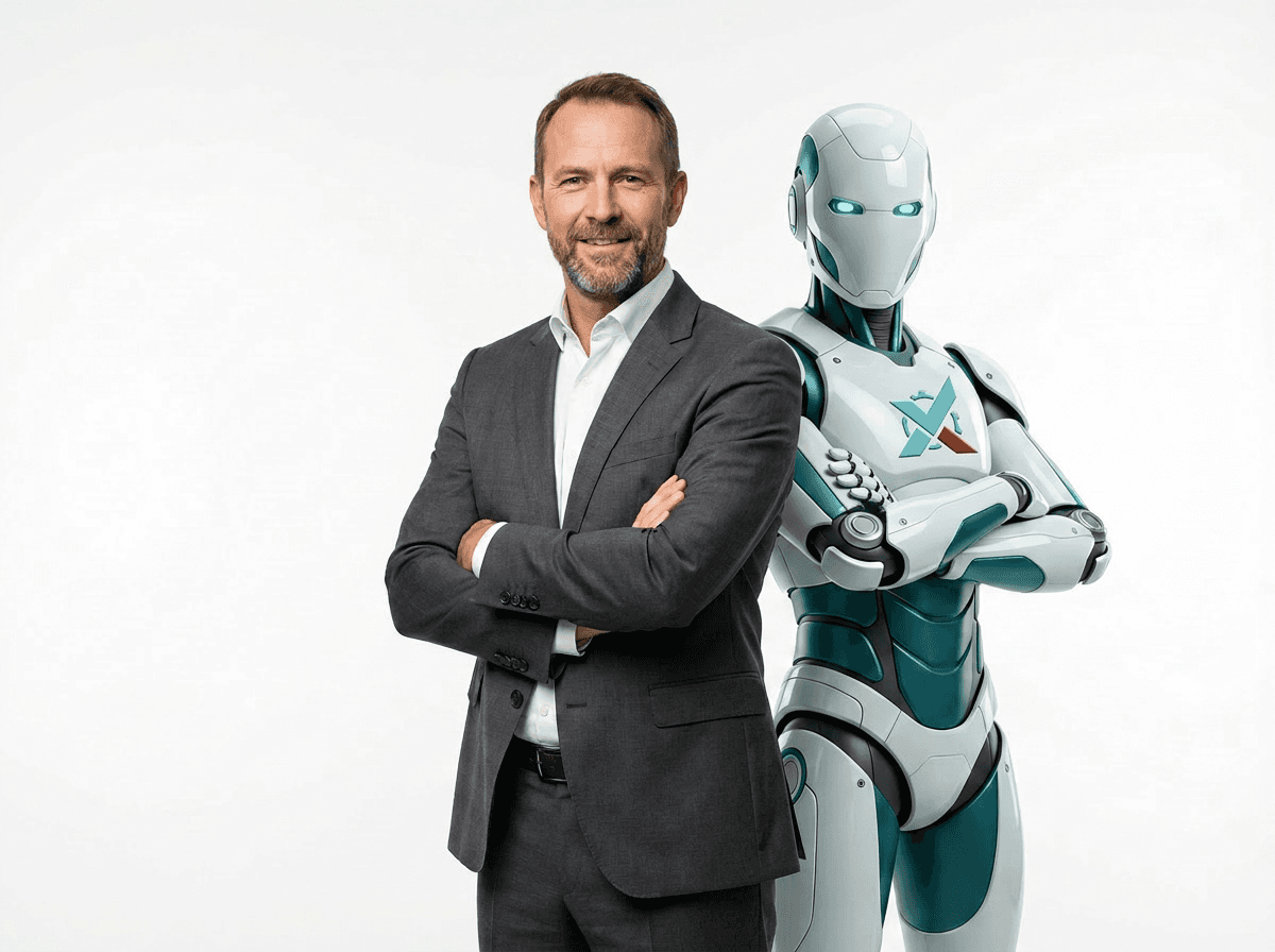 A Xirocco adviser standing alongside the Xirocco robot