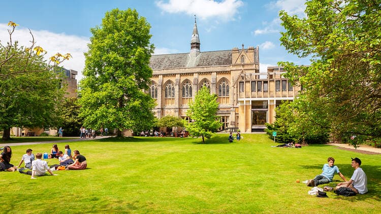 Students gathering on a United Kingdom university campus