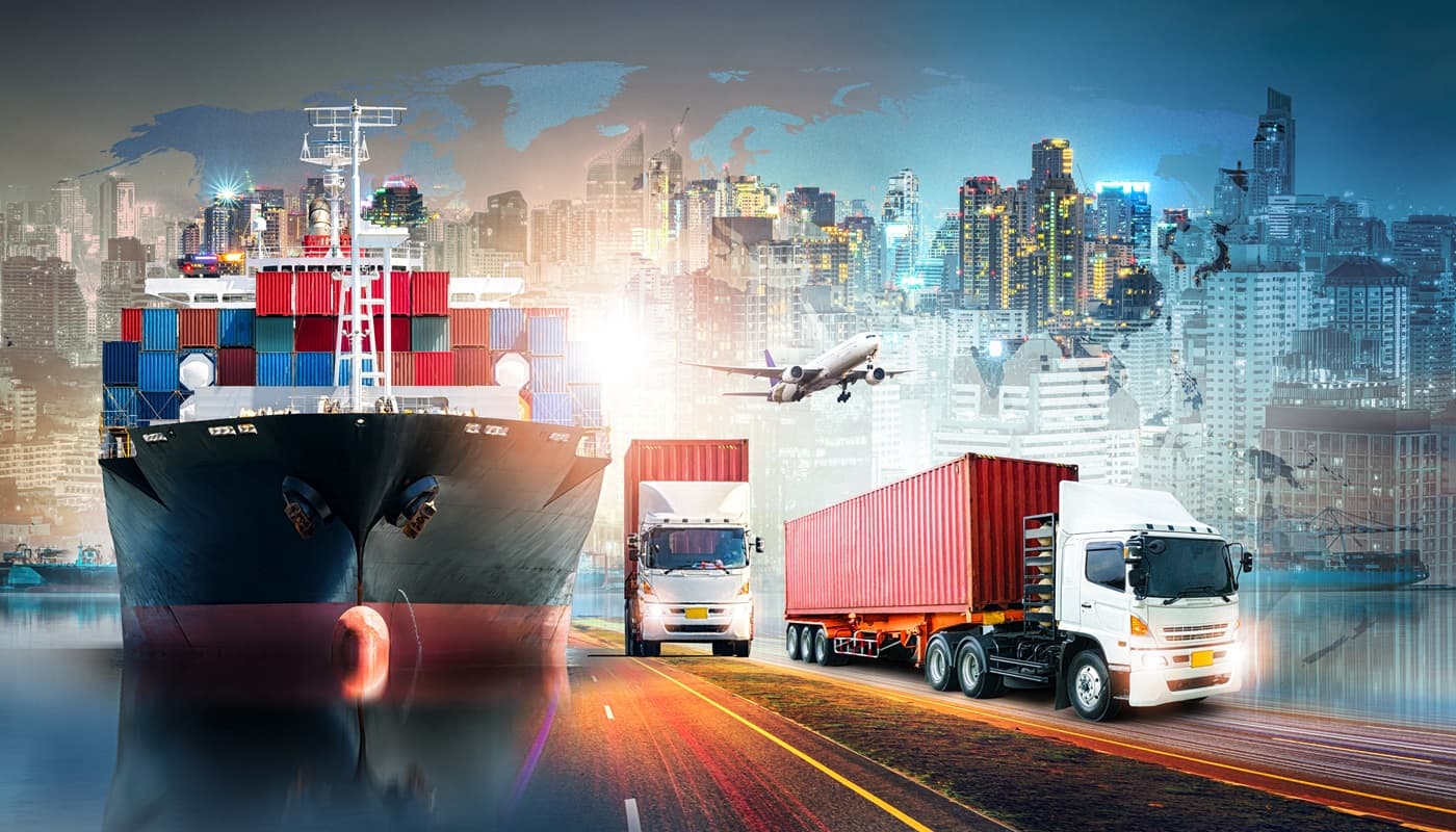 Ships, aircraft and lorries representing an interconnected logistics network