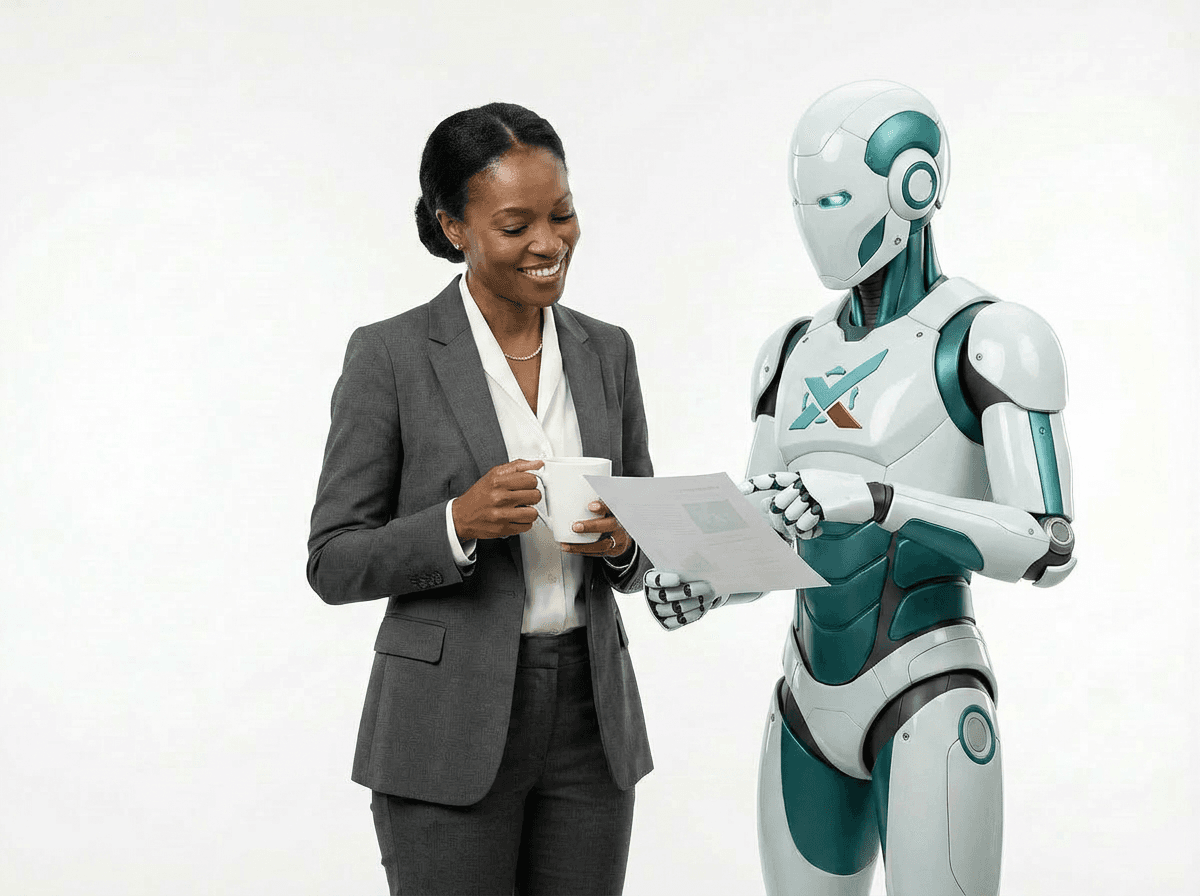A Xirocco adviser reviewing a strategic document with the Xirocco robot