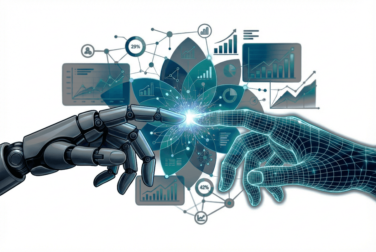 Illustration of human and digital intelligence connecting through evidence