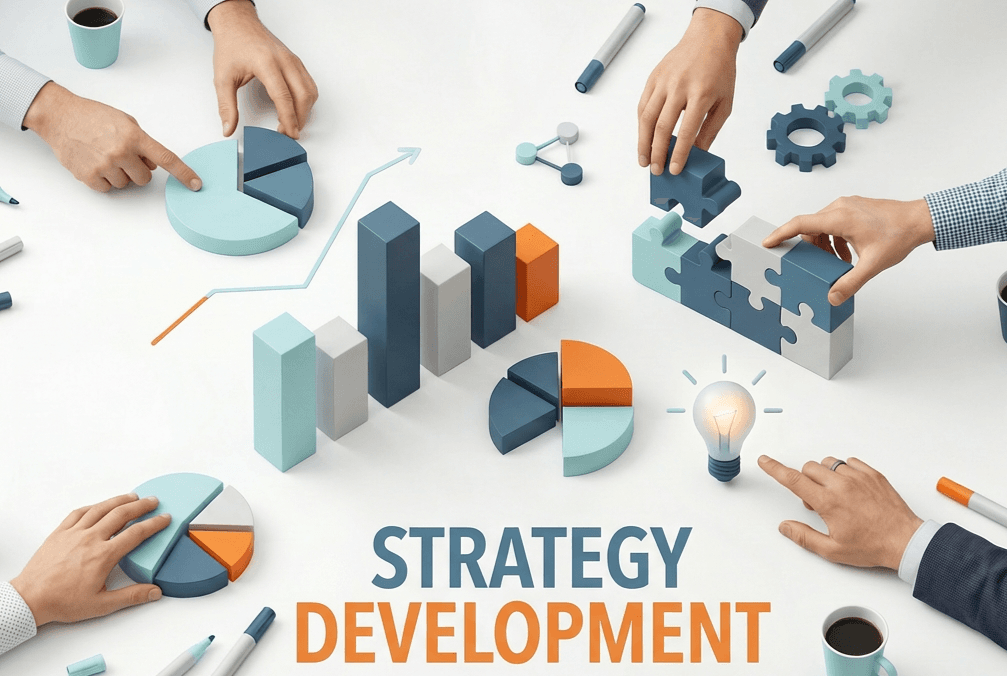 People collaborating around strategy charts, connected ideas and interlocking pieces